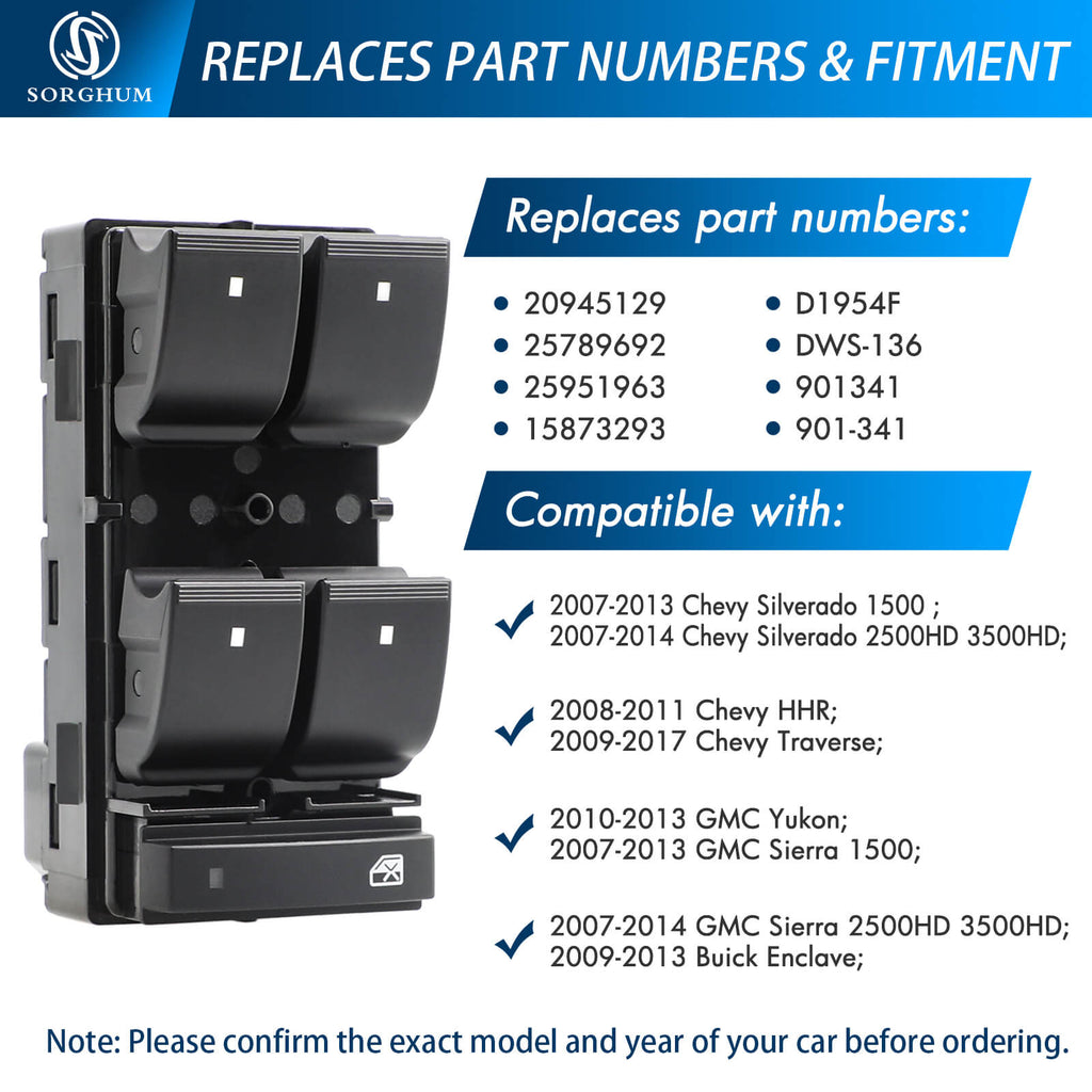 Sorghum 20945129 Master Power Window Switch Fit for Chevrolet Silverado HHR Traverse for GMC Sierra 1500 2500 3500 Yukon