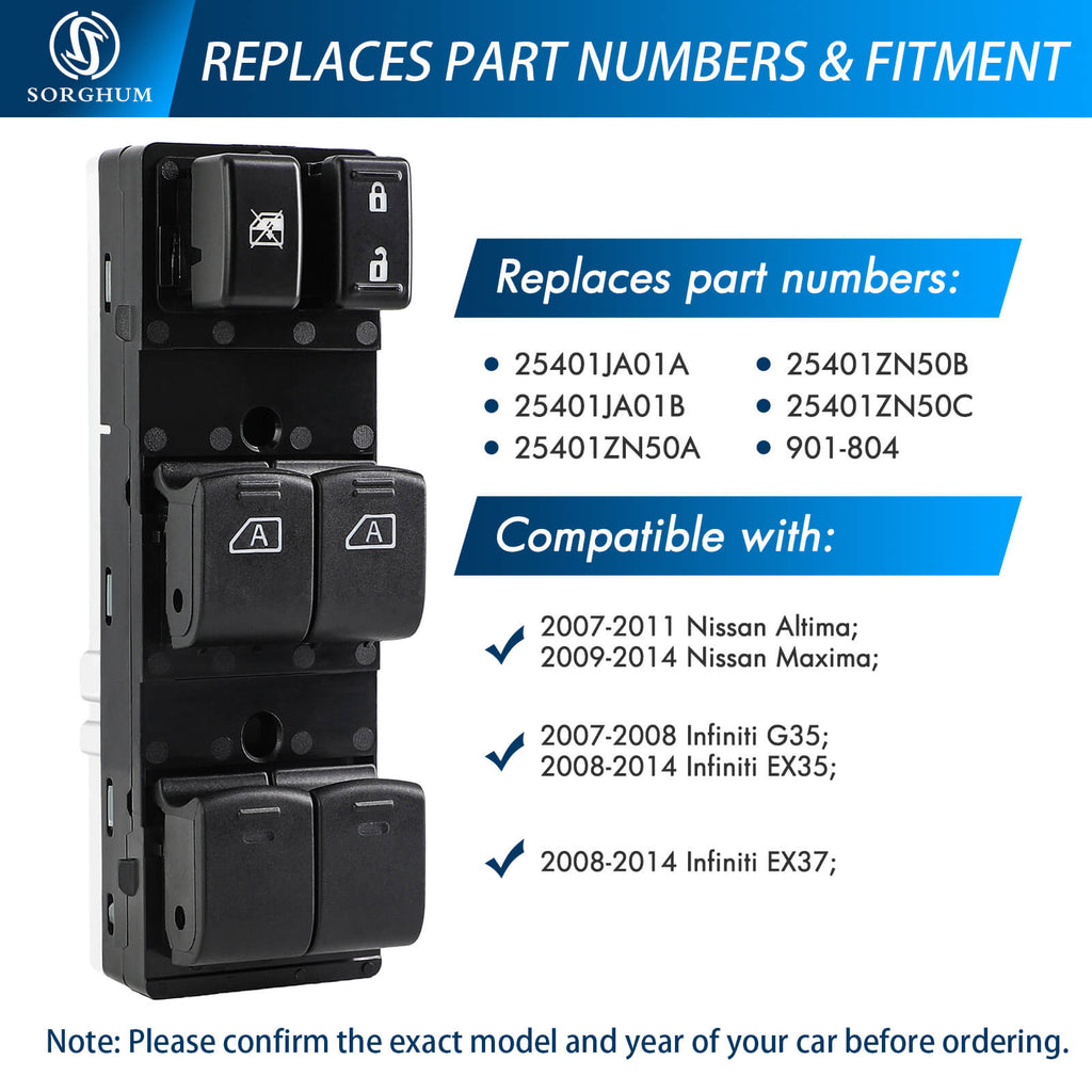 Sorghum 25401-ZN50C 14+2pins Master Power Window Control Switch for Infiniti EX35 EX37 for Nissan Altima